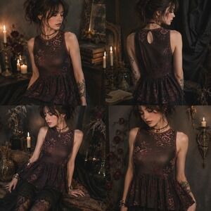 Womens Velvet Burnout Sheer Floral Peplum Top Size XS Black Burgundy Whimsigoth